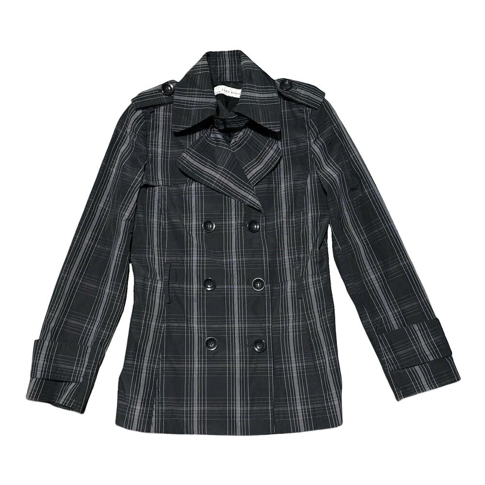 Zara Basic Plaid Peacoat Jacket Women’s Small Black Gray Double Breasted Lined